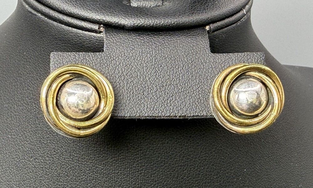Laton Taxco Sterling 925 Modernist Saturn Orbit Stud Earrings 2-Tone Estate